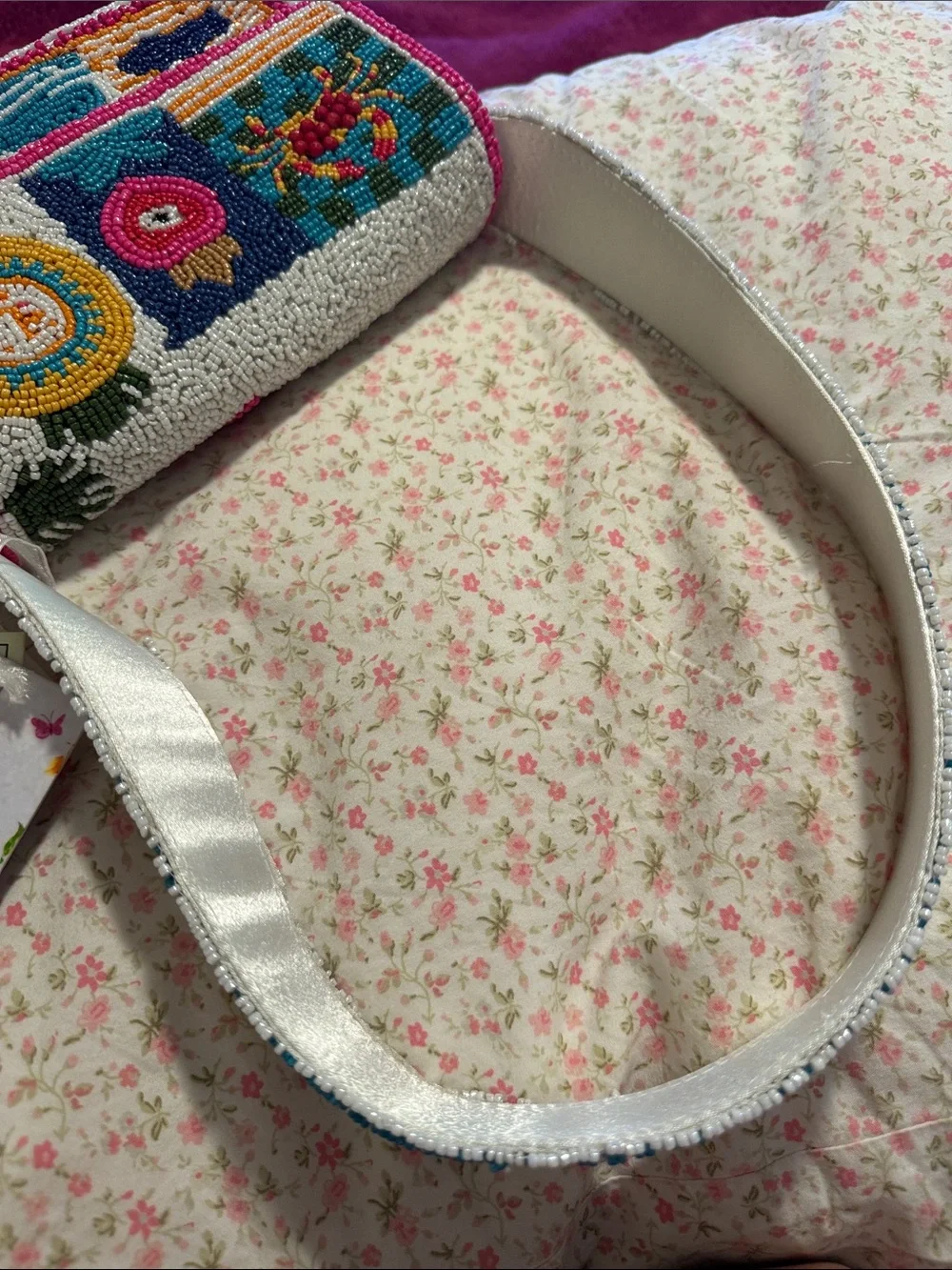 Hand-Beaded Multicolor Crossbody Bag - Pink/Blue Accents